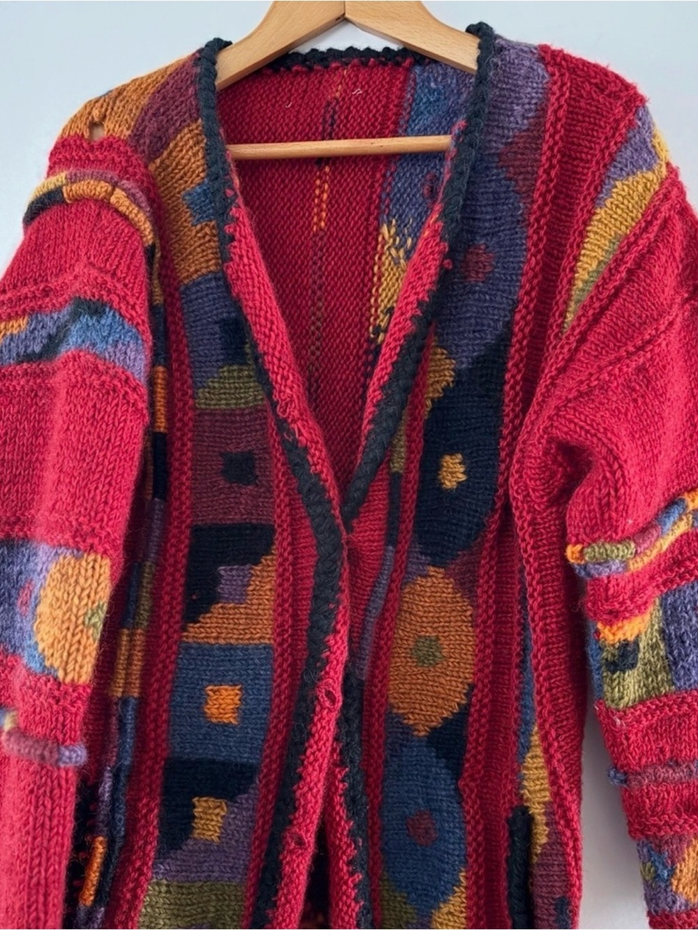 Red Multi-Pattern Hand Knit Cardigan Sweater - Picture 1 of 2